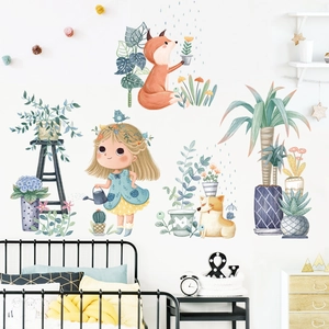 Stickers muraux enfants avec petite fille, renard et corgi pour déco chambre douillette