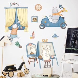 Autocollants muraux chaton dessin animé avec chats en voiture et peinture pour chambre enfant