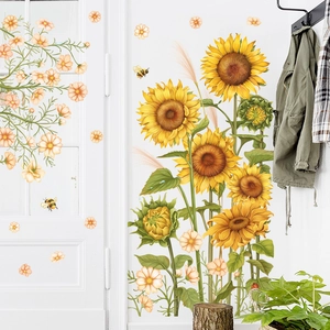 Realistic sunflower wall stickers with bees and green leaves for home wall decor