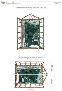 Detail of 3D cat window wall sticker showing 55x74cm layout and forest view