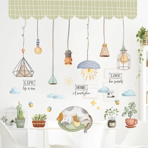 Cartoon cat and green potted plants wall stickers for a cozy home nursery decoration