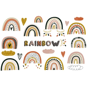 Boho rainbow wall stickers with suns and clouds in earth tones for kids nursery decor