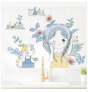 Detail of cartoon girl and cat wall decals on white tiled bathroom wall background