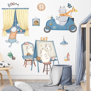 Stickers muraux chat pour chambre d'enfant avec illustrations mignonnes et décalcomanies de voiture