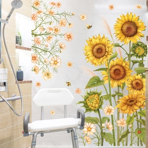 Sunflower and daisy wall decals with bees and ladybugs on bathroom white tiles