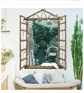3D faux window wall sticker with forest scene, swing and orange cat on sofa background