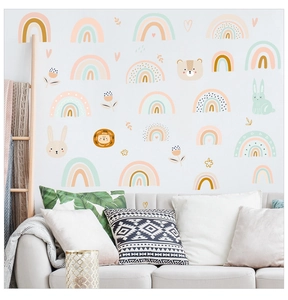 Detail of Morandi-colored rainbow and animal wall stickers in a modern nursery
