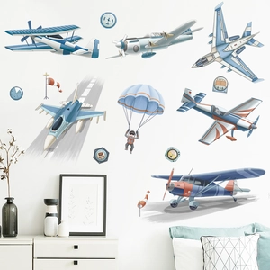 Stickers Muraux Avion Parachute Pour Chambre d'Enfant PVC Dessin Animé Aviation Astronaute Décoration De Chambre