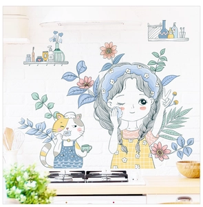 Detail of cartoon wall stickers featuring a girl and cat for bathroom tile decoration