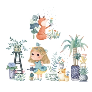 Stickers muraux enfant avec fille animaux et plantes vertes pour décoration