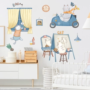 Stickers muraux chat de dessin animé aux tons Morandi pour chambre d'enfant