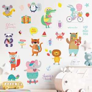Cartoon Tier Wandaufkleber Kinderzimmer Sommer Elefant Löwe Koala PVC Abnehmbare Wandtattoo Für Kindergarten Spielzimmer Dekor