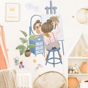 Sticker Mural Dessin Animé Fille qui Peint pour Chambre d'Enfant PVC Imperméable DIY Amovible Décoration Murale Artistique