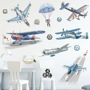 Stickers muraux avion et astronaute parachute pour chambre d'enfant en bleu et orange
