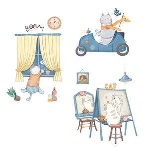 Lot de stickers muraux chat cartoon avec scènes aquarelle pour chambre d'enfant