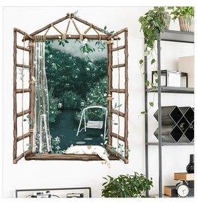 Detailed 3D cat wall sticker with vintage wooden window frame and garden landscape