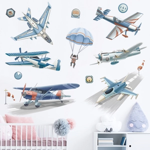 Stickers muraux d'aviation avec avions et parachutiste pour chambre d'enfant