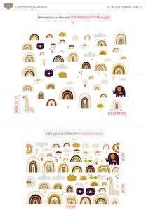 Detailed size chart for boho rainbow wall stickers featuring giraffes and elephants