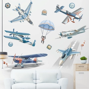 Stickers muraux d'avions avec avions à réaction et parachutes pour chambre d'enfant