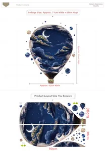 3D Earth balloon wall stickers with stars and moon showing layout dimensions and finished size
