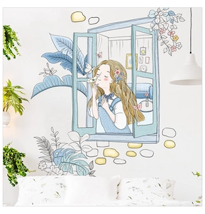 Detail of self-adhesive wall sticker featuring a girl by window with green tropical plants