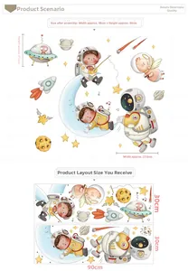 Detailed astronaut wall sticker dimensions showing 98x84cm layout and 90x30cm layout sheets