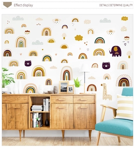 Detail of boho animal wall stickers showing a nursery room with elephant and rainbow