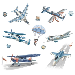 Stickers muraux avion bleus pour chambre d'enfant avec astronautes et parachutes sur blanc