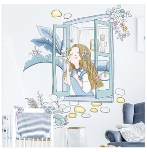 Detail of floral girl and leaf wall sticker for cozy bedroom aesthetic decoration
