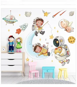 Detailed wall sticker layout featuring cartoon astronauts, rockets, and stars in a kids room