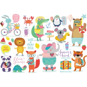 Niedliche Cartoon Tier Wandsticker für Kinderzimmer mit Tieren im Sommerurlaub