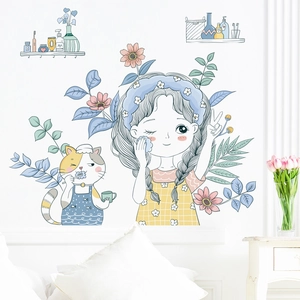 Chic banana leaf and cat wall stickers for a cozy girl's bedroom aesthetic