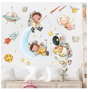 Space exploration wall decals featuring astronauts and rockets in a cozy nursery room