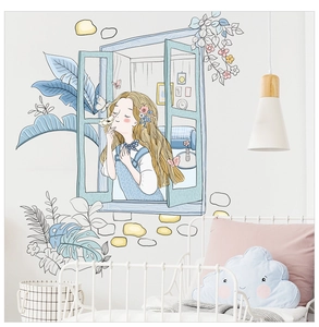 Detail of girl by window wall sticker with blue banana leaves for cozy bedroom decor
