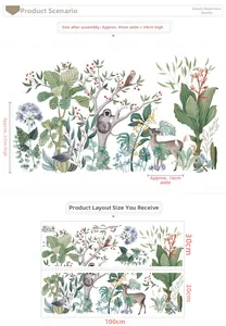 Detail of forest animal wall stickers with monkeys and owls, 94x54cm layout dimensions