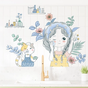 Cartoon girl and cat wall decals with floral plants for bathroom and kitchen tiles