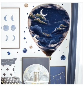 Detail of 3D earth and hot air balloon wall stickers with starry moon for kids room decor