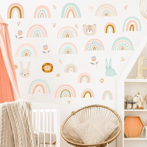 Morandi rainbow wall stickers with cute animals for nursery and classroom wall decor