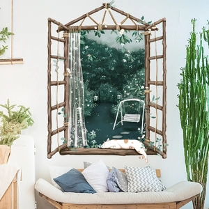 3D Fake Window View Wall Sticker Sleeping Cat Garden Landscape Removable PVC Mural For Living Room Bedroom Home Decor