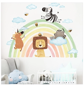 Nursery wall decals with large rainbow and cartoon animals in soft macaron colors