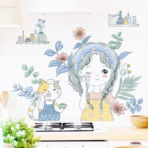 Cartoon girl and cat wall stickers for bedroom decor with plants and floral elements