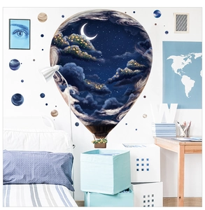 Bedroom wall sticker showing a 3D hot air balloon with moon and stars inside