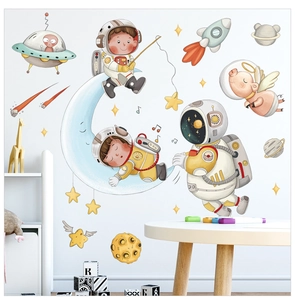 Cozy space adventure wall stickers with astronauts and moon in a stylish nursery room