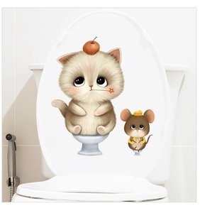 Detail of cute cartoon cat and mouse stickers on a white toilet lid, waterproof PVC decals