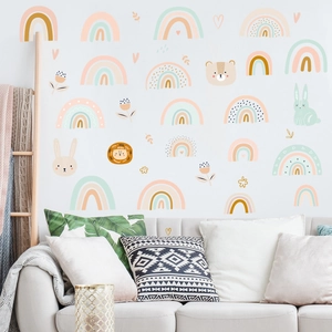 Rainbow wall stickers with animals and hearts in pastel colors for kids' room decoration