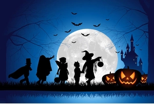 Detailed Halloween wall stickers silhouette of children and bats under a full moon