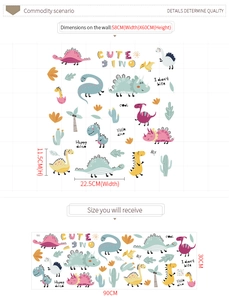 Détails des stickers muraux dinosaures montrant les dimensions et la mise en page enfant