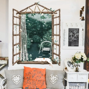 Faux window cat wall sticker featuring a garden view and floral wood frame decor