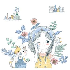 Cartoon wall stickers featuring a girl washing face and a cat brushing teeth for decor