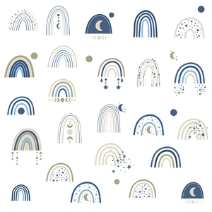 Boho rainbow wall decals in navy and mocha tones with stars and moon for nursery decor